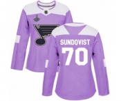 Women's St. Louis Blues #70 Oskar Sundqvist Authentic Purple Fights Cancer Practice 2019 Stanley Cup Champions Hockey Jersey