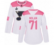 Women's St. Louis Blues #71 Jordan Nolan Authentic White Pink Fashion 2019 Stanley Cup Champions Hockey Jersey