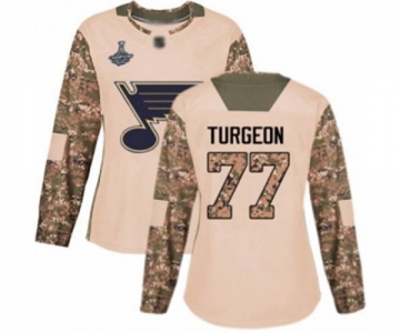 Women's St. Louis Blues #77 Pierre Turgeon Authentic Camo Veterans Day Practice 2019 Stanley Cup Champions Hockey Jersey
