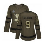 Women's St. Louis Blues #9 Doug Gilmour Authentic Green Salute to Service 2019 Stanley Cup Champions Hockey Jersey