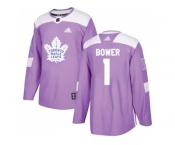 Men Adidas Toronto Maple Leafs #1 Johnny Bower Purple Authentic Fights Cancer Stitched NHL Jersey
