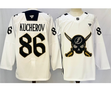 Men's Tampa Bay Lightning #86 Nikita Kucherov 2024-25 White Gasparilla Inspired Pirate-Themed Warmup Stitched Jersey