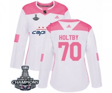 Women Adidas Washington Capitals #70 Braden Holtby Authentic White Pink Fashion 2018 Stanley Cup Final Champions NHL Jersey