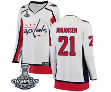 Women Washington Capitals #21 Lucas Johansen Fanatics Branded White Away Breakaway 2018 Stanley Cup Final Champions NHL Jersey