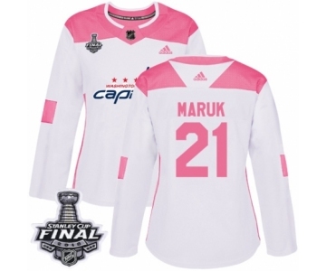 Women's Adidas Washington Capitals #21 Dennis Maruk Authentic White Pink Fashion 2018 Stanley Cup Final NHL Jersey