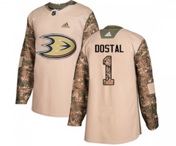 Youth Anaheim Ducks #1 Lukas Dostal Authentic Camo Veterans Day Practice Hockey Jersey