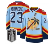 Men's Florida Panthers #23 Carter Verhaeghe Blue 2025 Stanley Cup Final Premium Stitched NHL Hockey Jersey