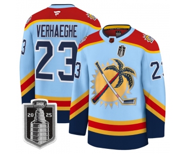 Men's Florida Panthers #23 Carter Verhaeghe Blue 2025 Stanley Cup Final Premium Stitched NHL Hockey Jersey