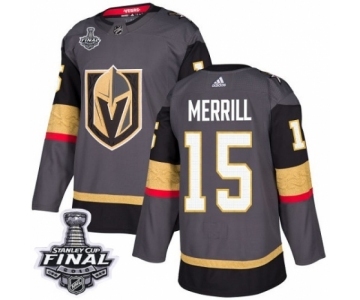 Men Adidas Vegas Golden Knights #15 Jon Merrill Authentic Gray Home 2018 Stanley Cup Final NHL Jersey