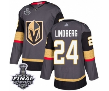 Men Adidas Vegas Golden Knights #24 Oscar Lindberg Authentic Gray Home 2018 Stanley Cup Final NHL Jersey