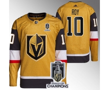 Men's Vegas Golden Knights #10 Nicolas Roy Gold 2023 Stanley Cup Champions Stitched Jersey