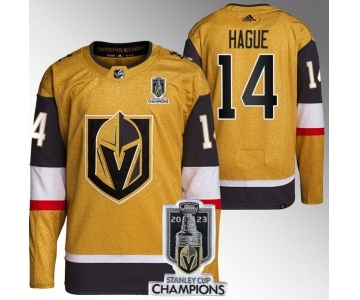 Men's Vegas Golden Knights #14 Nicolas Hague Gold 2023 Stanley Cup Champions Stitched Jersey