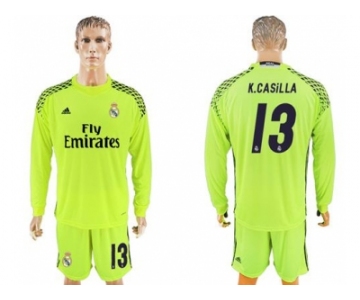 Real Madrid #13 K.Casilla Shiny Green Goalkeeper Long Sleeves Soccer Club Jersey