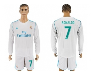 Real Madrid #7 Ronaldo White Home Long Sleeves Soccer Club Jersey