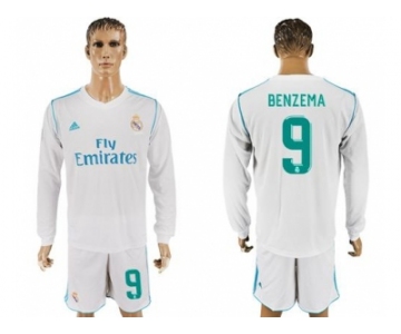 Real Madrid #9 Benzema White Home Long Sleeves Soccer Club Jersey