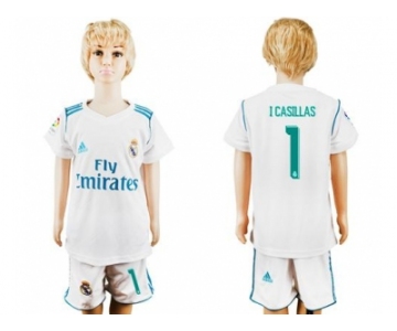 Real Madrid #1 I Casillas White Home Kid Soccer Club Jersey