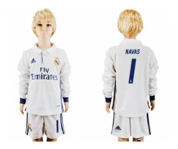 Real Madrid #1 Navas Home Long Sleeves Kid Soccer Club Jersey