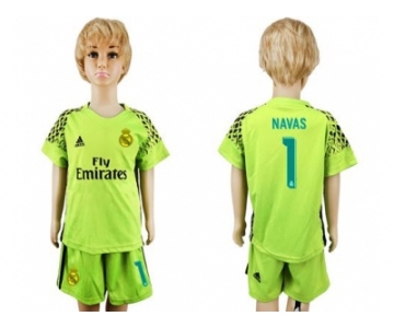 Real Madrid #1 Navas Shiny Green Goalkeeper Kid Soccer Club Jersey