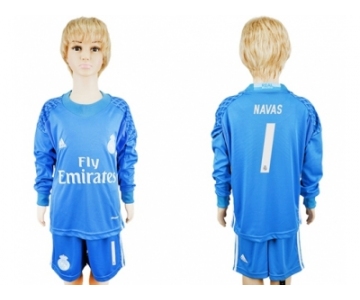 Real Madrid #1 Navas Sky Blue Goalkeeper Long Sleeves Kid Soccer Club Jersey