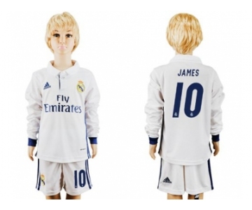 Real Madrid #10 James Home Long Sleeves Kid Soccer Club Jersey