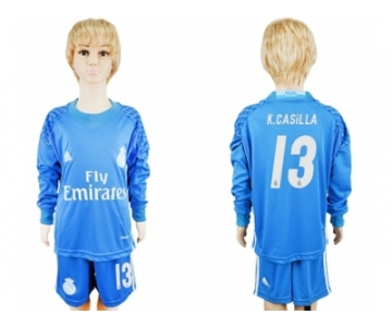Real Madrid #13 K.Casilla Sky Blue Goalkeeper Long Sleeves Kid Soccer Club Jersey