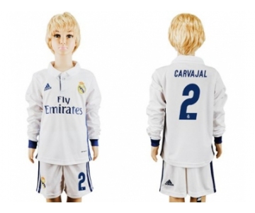 Real Madrid #2 Carvajal Home Long Sleeves Kid Soccer Club Jersey