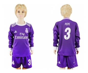 Real Madrid #3 Pepe Away Long Sleeves Kid Soccer Club Jersey