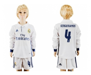 Real Madrid #4 Sergio Ramos Home Long Sleeves Kid Soccer Club Jersey