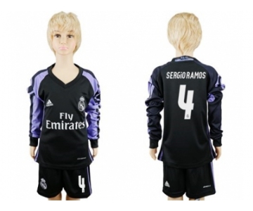 Real Madrid #4 Sergio Ramos Sec Away Long Sleeves Kid Soccer Club Jersey