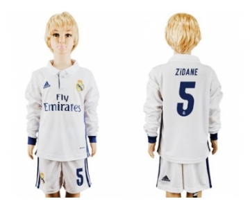 Real Madrid #5 Zidane Home Long Sleeves Kid Soccer Club Jersey
