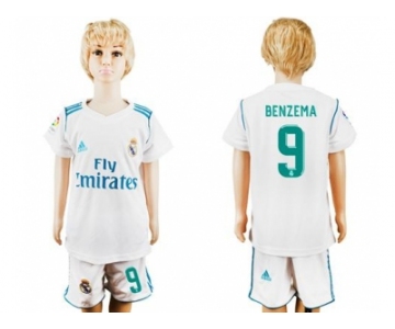 Real Madrid #9 Benzema White Home Kid Soccer Club Jersey