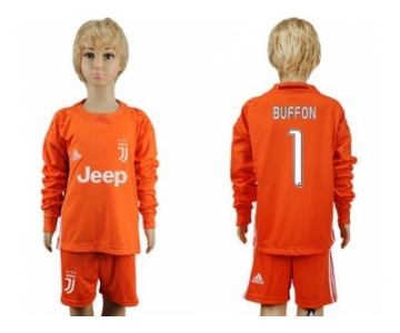 Juventus #1 Buffon Orange Goalkeeper Long Sleeves Kid Soccer Club Jersey