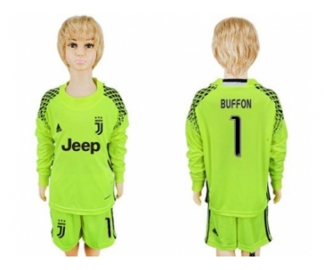 Juventus #1 Buffon Shiny Green Goalkeeper Long Sleeves Kid Soccer Club Jersey