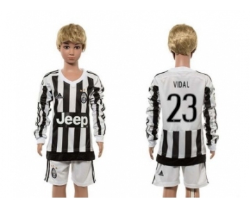 Juventus #23 Vidal Home Long Sleeves Kid Soccer Club Jersey