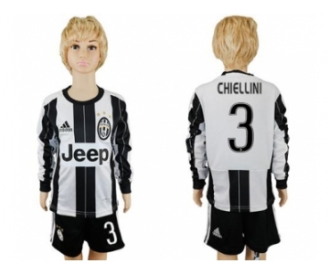 Juventus #3 Chiellini Home Long Sleeves Kid Soccer Club Jersey