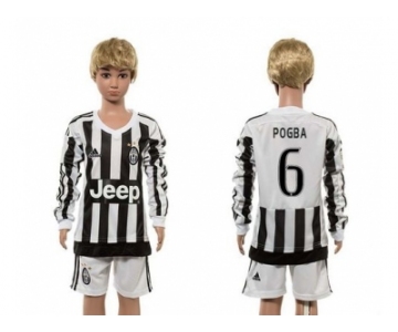 Juventus #6 Pogba Home Long Sleeves Kid Soccer Club Jersey