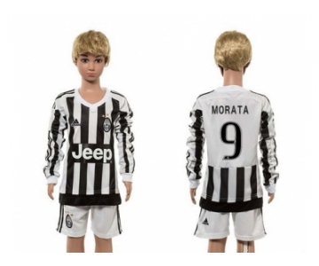 Juventus #9 Morata Home Long Sleeves Kid Soccer Club Jersey