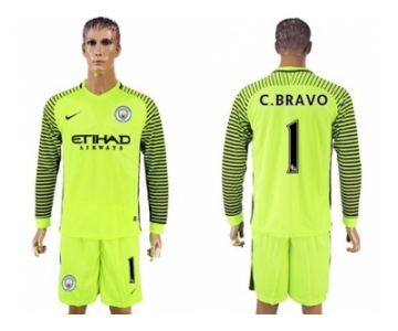 Manchester City #1 C.Bravo Green Goalkeeper Long Sleeves Soccer Club Jersey