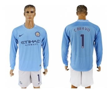 Manchester City #1 C.Bravo Home Long Sleeves Soccer Club Jersey