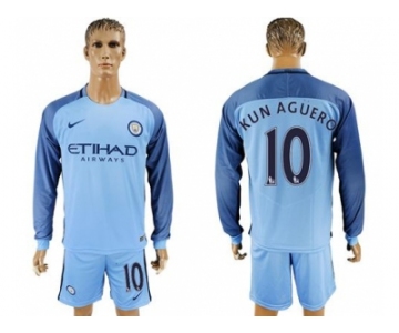 Manchester City #10 Kun Aguero Home Long Sleeves Soccer Club Jersey
