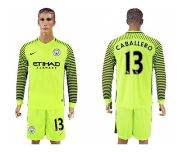 Manchester City #13 Caballero Shiny Green Goalkeeper Long Sleeves Soccer Club Jersey