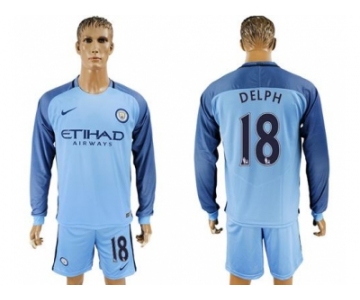 Manchester City #18 Delph Home Long Sleeves Soccer Club Jersey