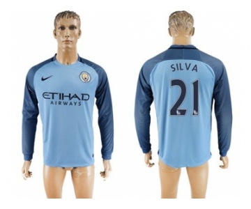 Manchester City #21 Silva Home Long Sleeves Soccer Club Jersey1