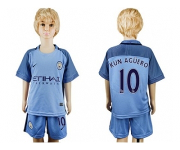 Manchester City #10 Kun Aguero Home Kid Soccer Club Jersey1