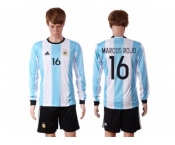 Argentina #16 Marcos Rojo Home Long Sleeves Soccer Country Jersey