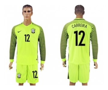 Brazil #12 Carreira Shiny Green Long Sleeves Goalkeeper Soccer Country Jersey