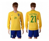 Brazil #21 Coutinho Home Long Sleeves Soccer Country Jersey