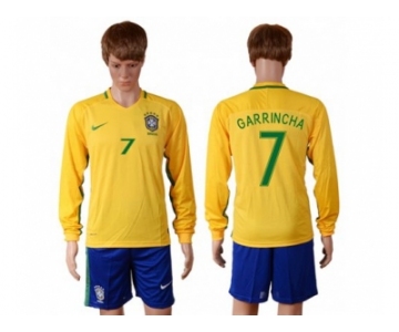 Brazil #7 Garrincha Home Long Sleeves Soccer Country Jersey