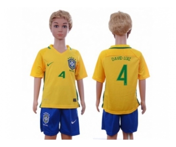 Brazil #4 David Luiz Home Kid Soccer Country Jersey