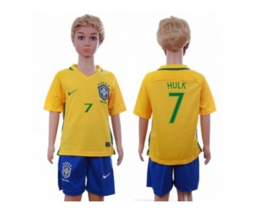Brazil #7 Hulk Home Kid Soccer Country Jersey